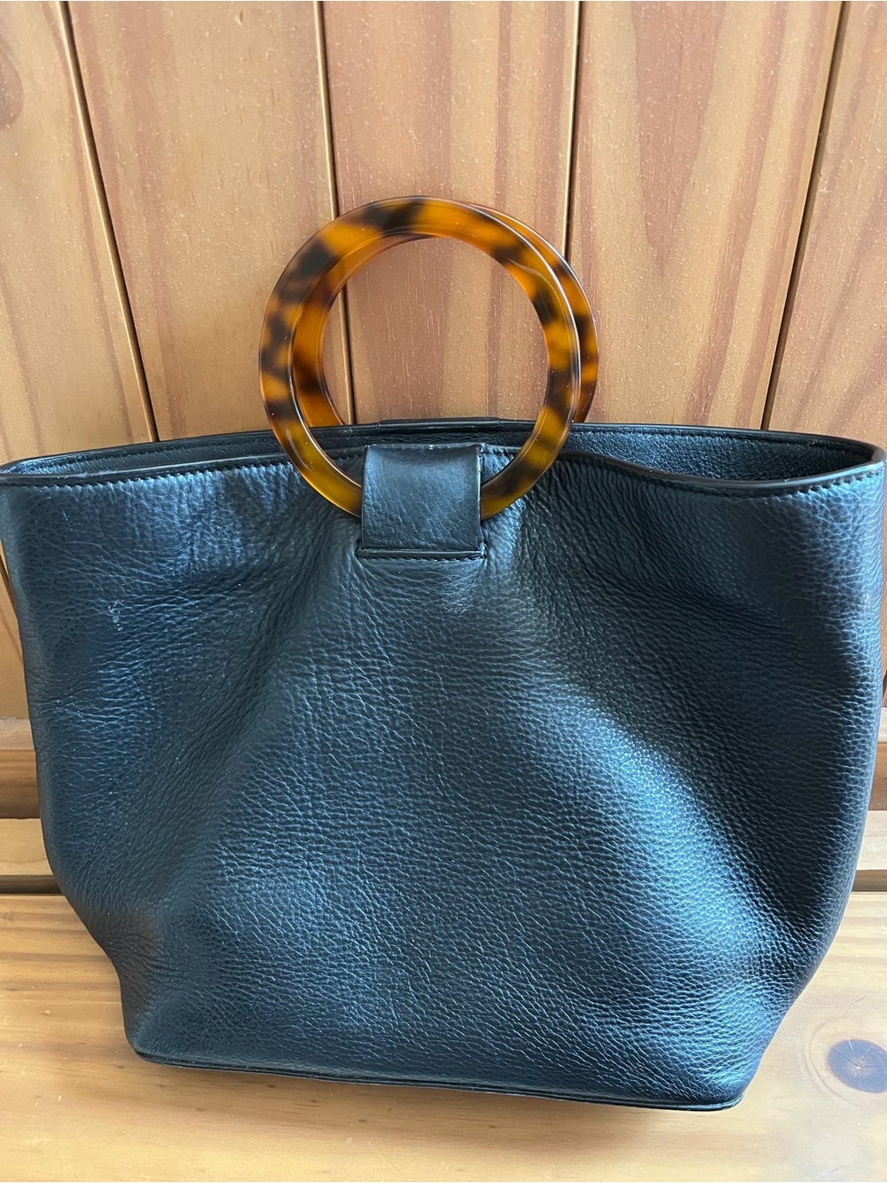 J Jill Black Leather Tote with Tortoiseshell Ring Handles